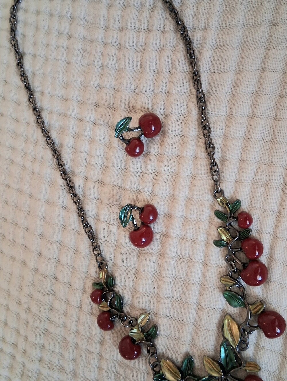 Betsey Johnson Deep Red Cherries Bib Necklace W/ Matching Earrings
